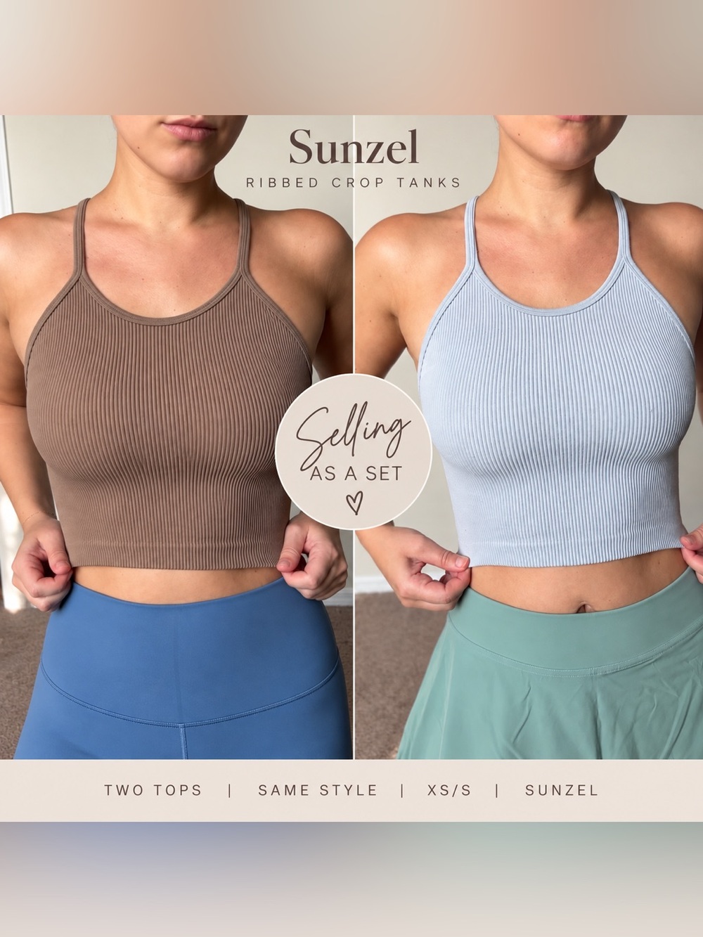 Sunzel Ribbed Cropped Tank Top Set | 2 Piece | XS/S | Brown + Blue